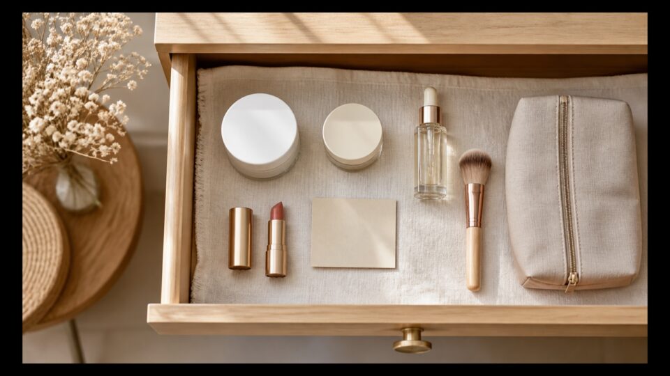 Ordentlich sortierte Kosmetik mit neutralen Tiegeln, Pinsel und Beauty-Tasche in einer hellen Holzschublade