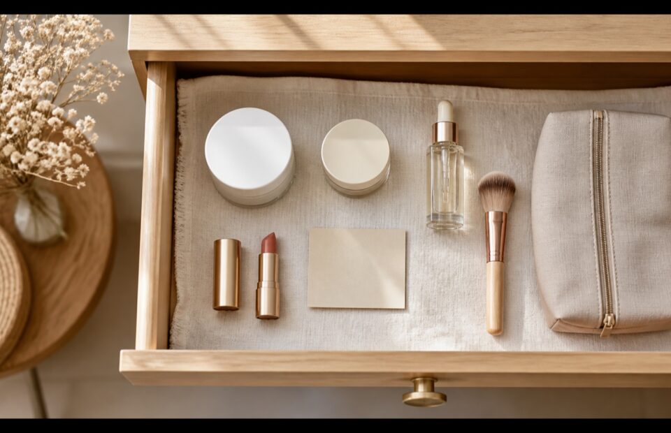 Ordentlich sortierte Kosmetik mit neutralen Tiegeln, Pinsel und Beauty-Tasche in einer hellen Holzschublade