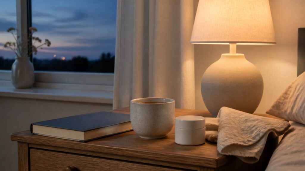 Ruhiges Spätsommer-Schlafzimmer mit leichter Decke, Buch und Wecker bei gedimmtem Licht