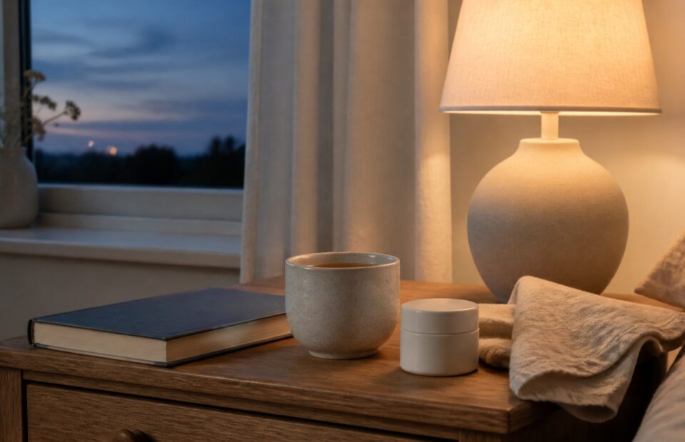 Ruhiges Spätsommer-Schlafzimmer mit leichter Decke, Buch und Wecker bei gedimmtem Licht