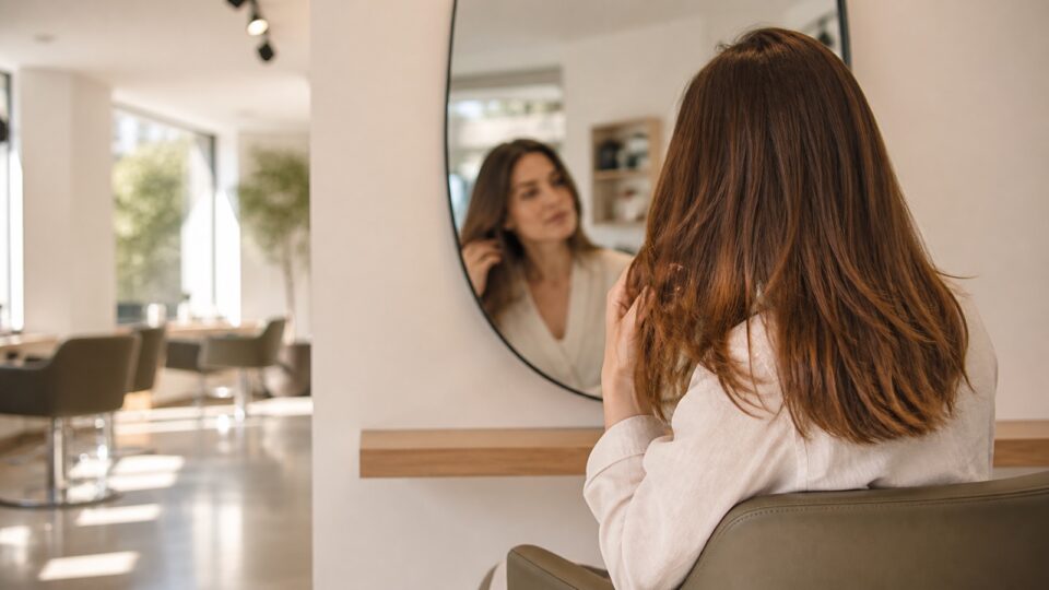 Erwachsene Person betrachtet ihr warmbraunes Haar vor einer Farbberatung in einem hellen Friseursalon