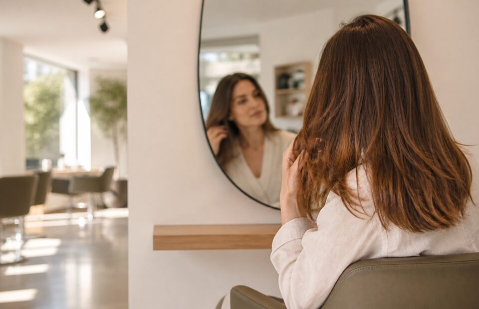 Erwachsene Person betrachtet ihr warmbraunes Haar vor einer Farbberatung in einem hellen Friseursalon