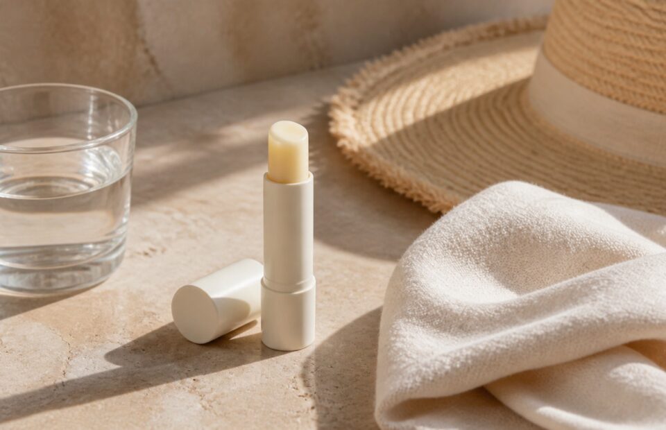 Erwachsene Person trägt im hellen Spätsommerlicht einen schlichten Lippenbalsam auf