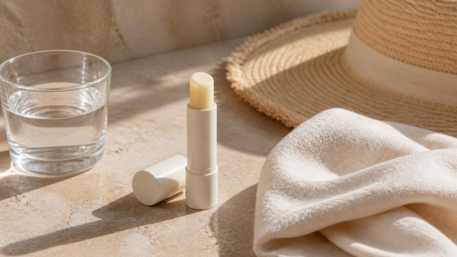 Erwachsene Person trägt im hellen Spätsommerlicht einen schlichten Lippenbalsam auf