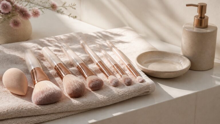 Saubere Make-up-Pinsel und ein Schwämmchen trocknen flach auf einem hellen Handtuch