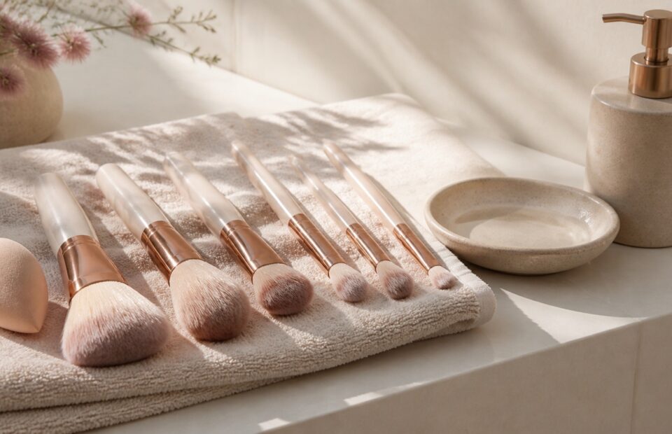 Saubere Make-up-Pinsel und ein Schwämmchen trocknen flach auf einem hellen Handtuch