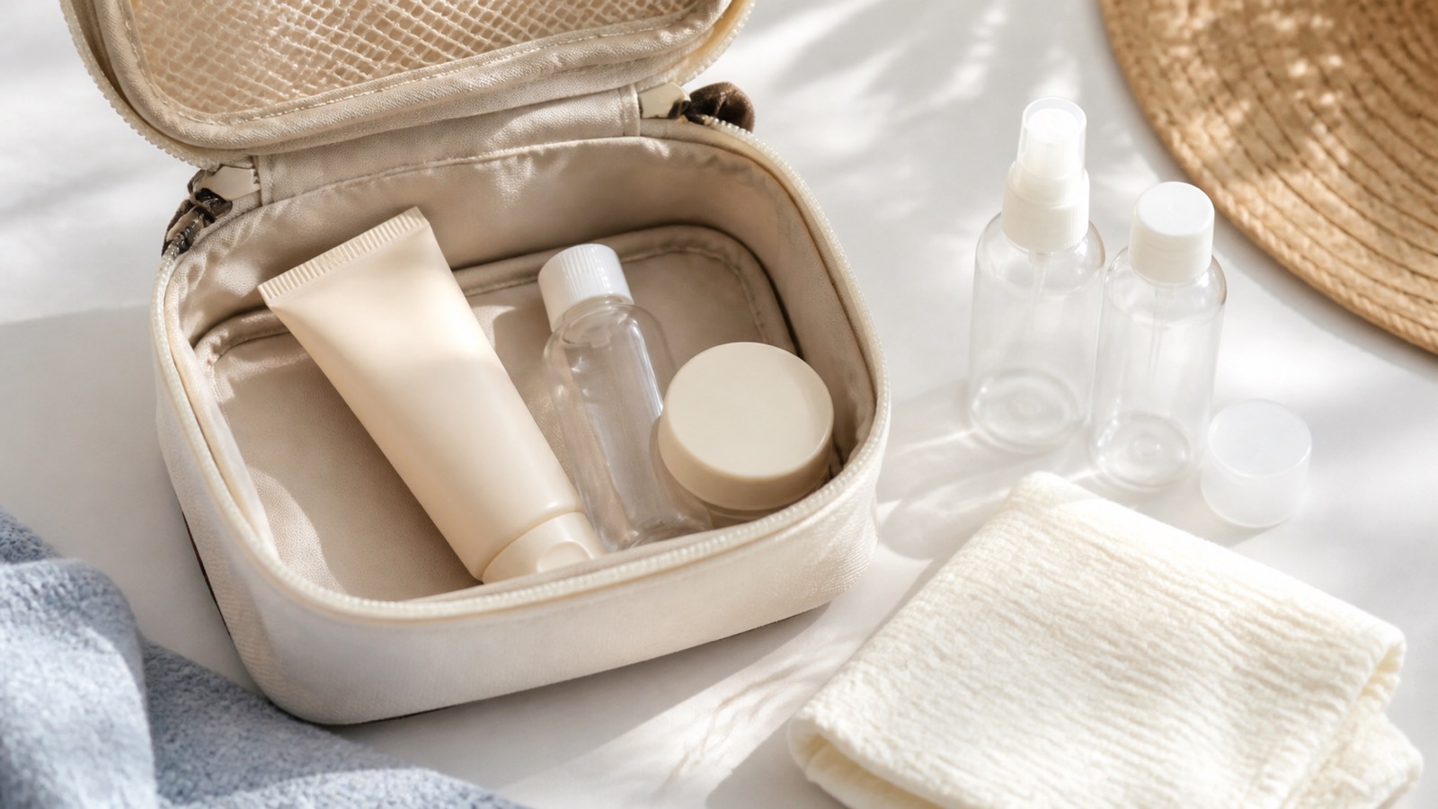 Offenes helles Reiseetui mit unbeschrifteten Kosmetikgrößen und sauberen Make-up-Pinseln