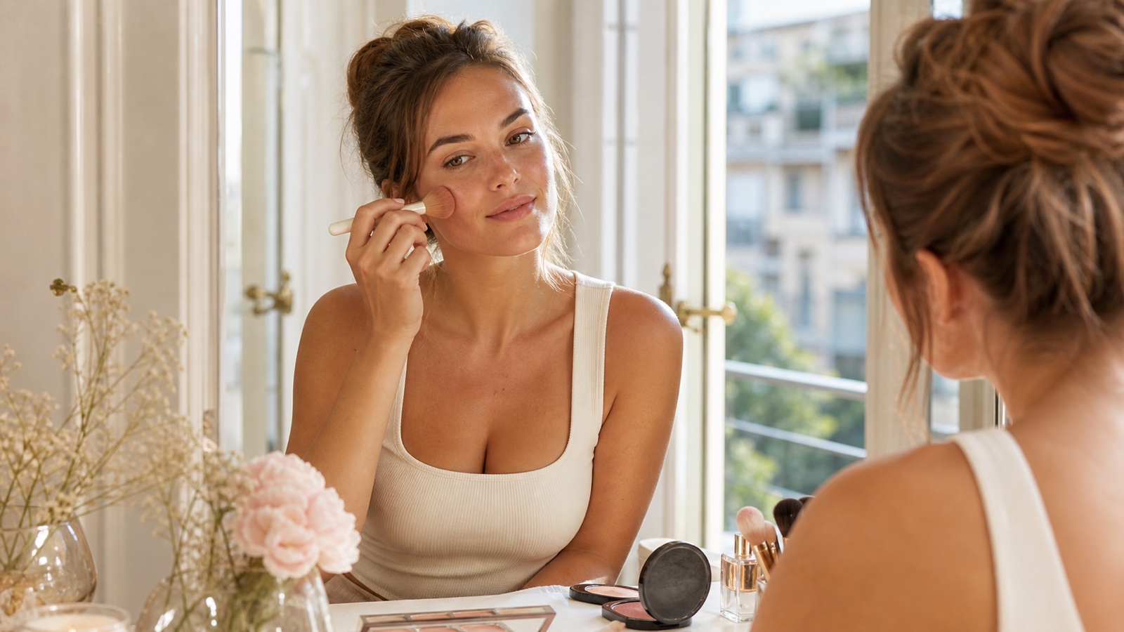 Sportliche Frau trägt leichtes Sommer-Make-up vor einem hellen Spiegel auf