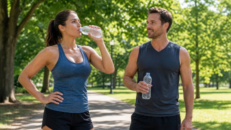 Sportliche Frau und sportlicher Mann trinken bei einer Trainingspause im schattigen Park Wasser