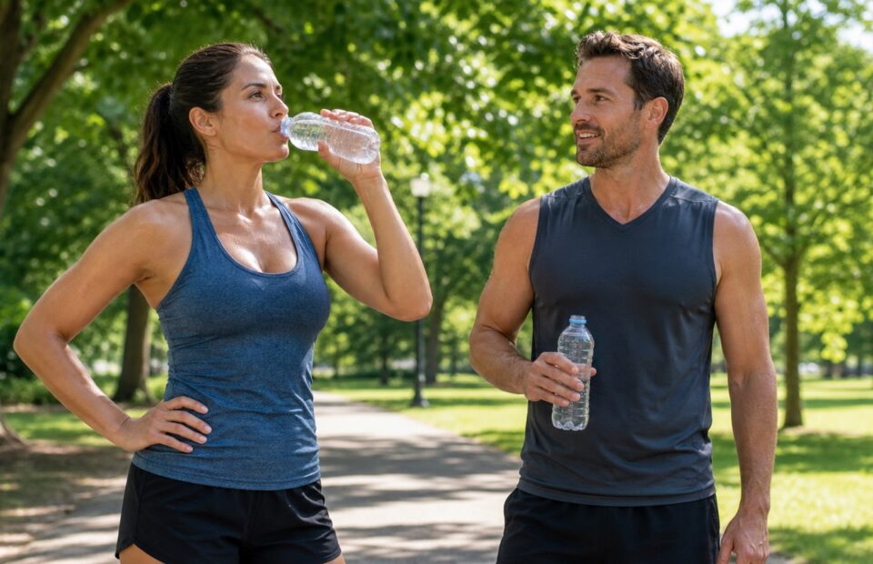 Sportliche Frau und sportlicher Mann trinken bei einer Trainingspause im schattigen Park Wasser