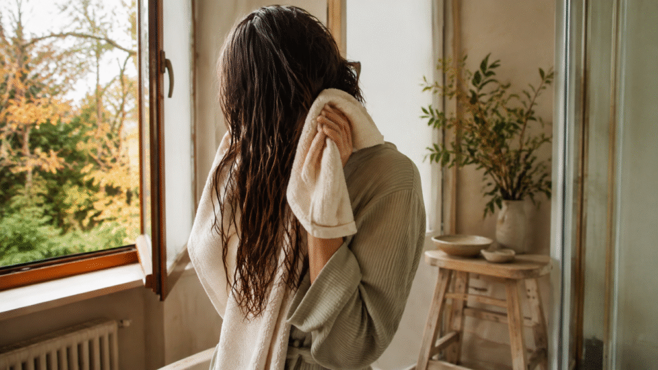 Erwachsene Frau trocknet ihr langes nasses Haar sanft mit einem Handtuch in einem hellen Badezimmer