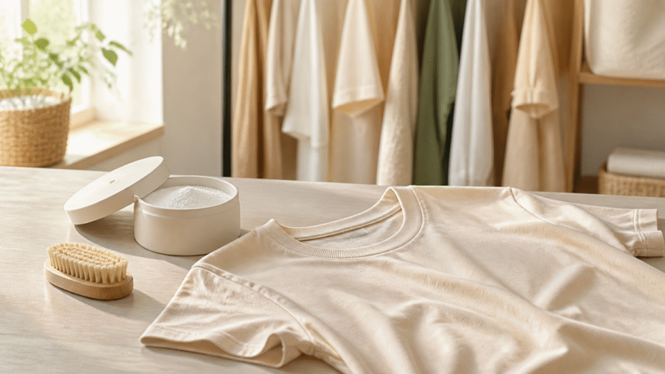 Helles Baumwollshirt mit Waschpulver und weicher Kleiderbürste auf einem hellen Holztisch