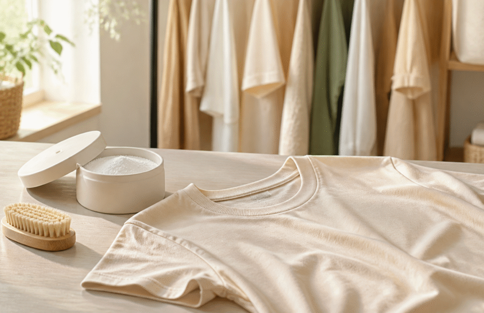 Helles Baumwollshirt mit Waschpulver und weicher Kleiderbürste auf einem hellen Holztisch