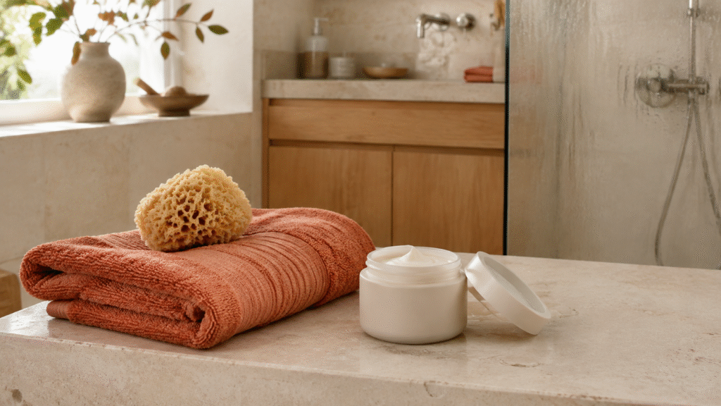Terrakottafarbenes Handtuch, Cremetiegel und Naturschwamm in einem hellen Badezimmer nach dem Duschen