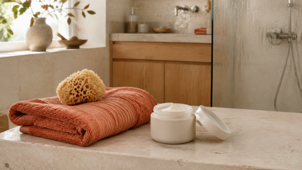 Terrakottafarbenes Handtuch, Cremetiegel und Naturschwamm in einem hellen Badezimmer nach dem Duschen