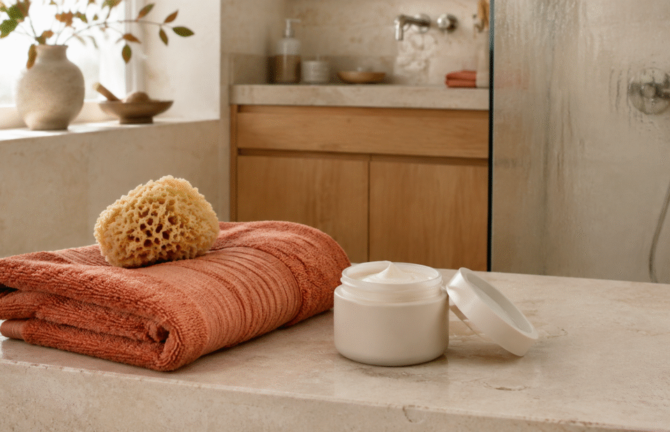 Terrakottafarbenes Handtuch, Cremetiegel und Naturschwamm in einem hellen Badezimmer nach dem Duschen