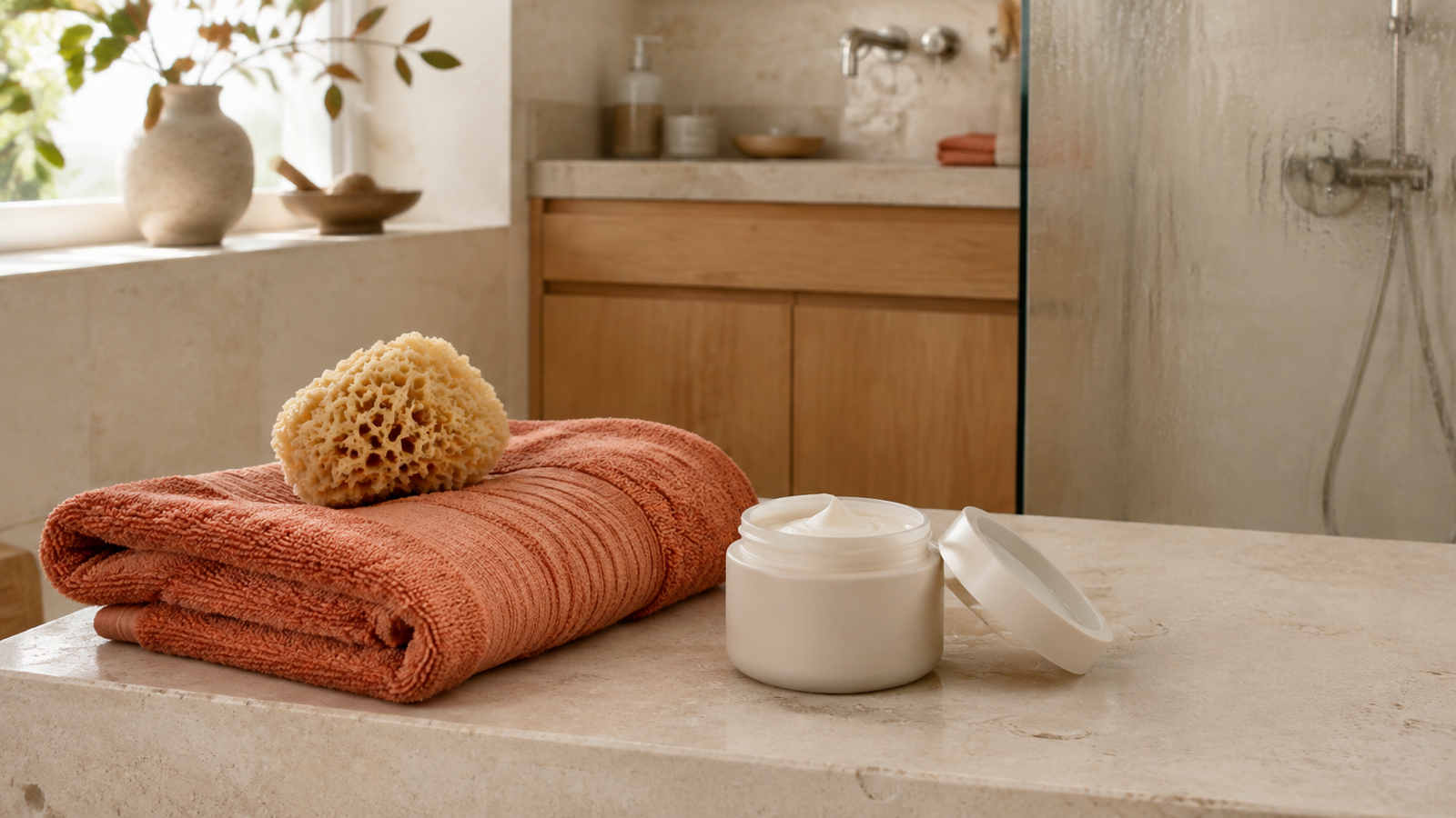 Terrakottafarbenes Handtuch, Cremetiegel und Naturschwamm in einem hellen Badezimmer nach dem Duschen