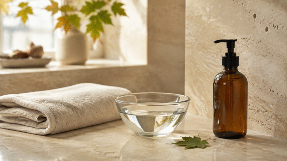 Gefaltetes Handtuch, Glasschale mit Wasser und neutrales Reinigungsprodukt im hellen Badezimmer