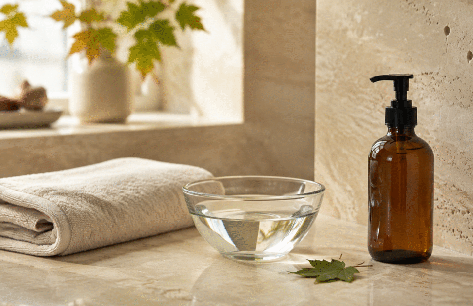 Gefaltetes Handtuch, Glasschale mit Wasser und neutrales Reinigungsprodukt im hellen Badezimmer