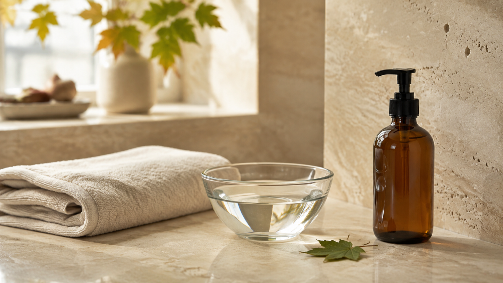 Gefaltetes Handtuch, Glasschale mit Wasser und neutrales Reinigungsprodukt im hellen Badezimmer