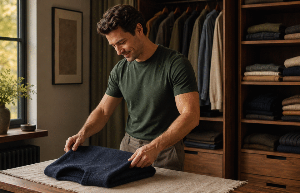 Erwachsener Mann faltet einen dunkelblauen Wollpullover auf einer Holzbank vor einem offenen Kleiderschrank